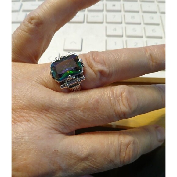 Antique Silver LARGE Rectangle Colorful Stone Size 8 Dazzler - Picture 4 of 5